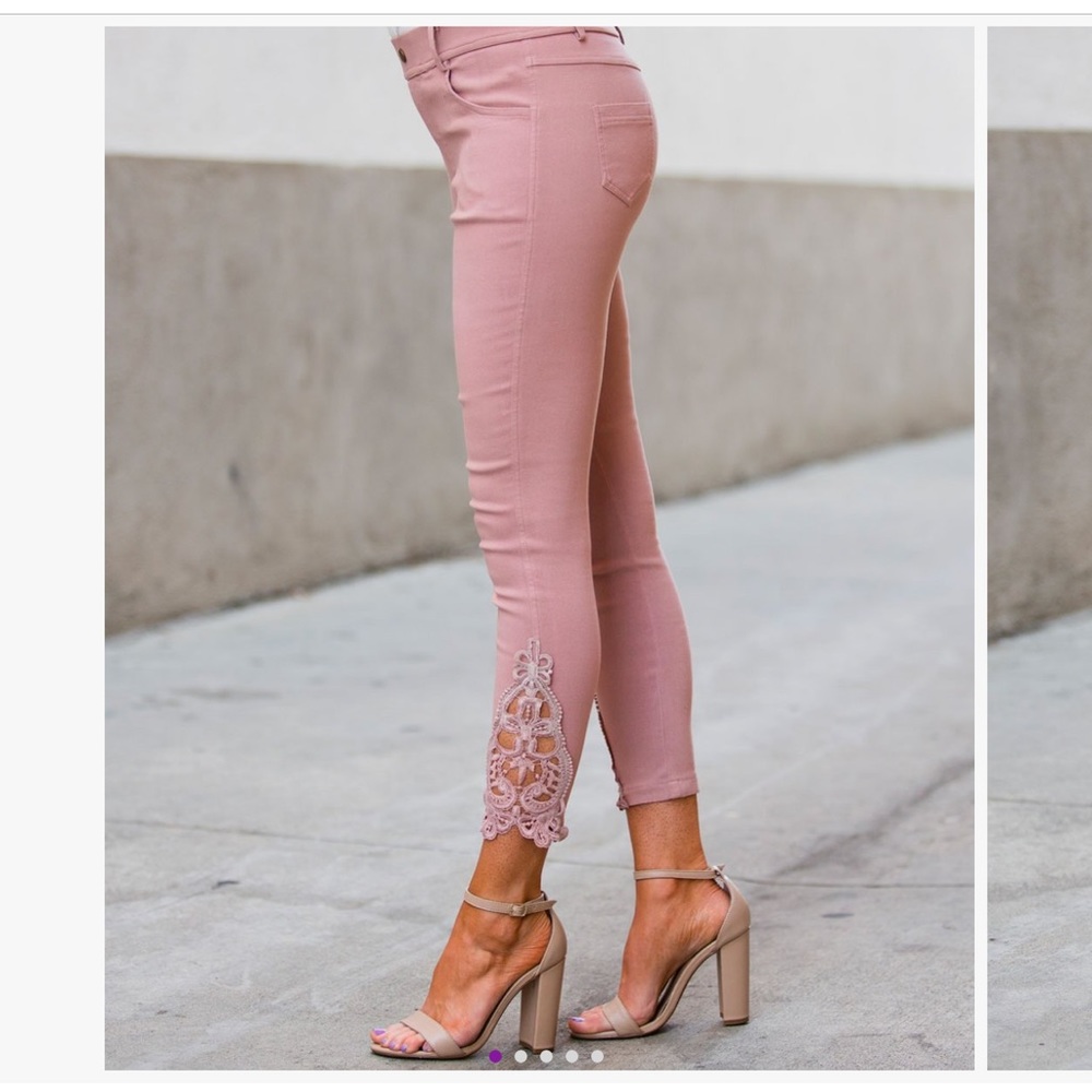 Pink Amaryllis Jeggings with Crochet Accent